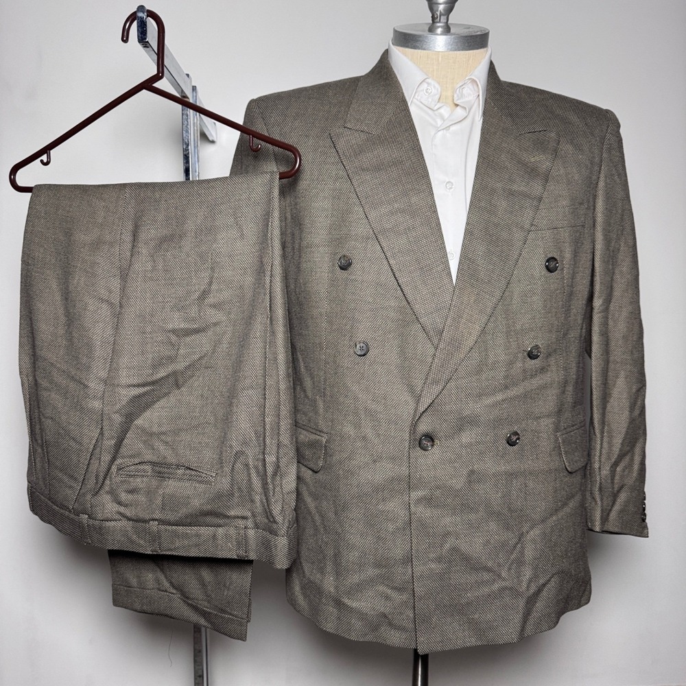 Zeidler & Zeidler Suit Mens 46R 40x30 Brown Micro-Check Double Breasted 2pc